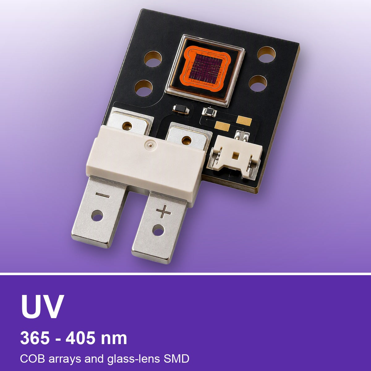 REVOX UV LED emitters, 365 to 405 nm, COB arrays and glass-lens SMD